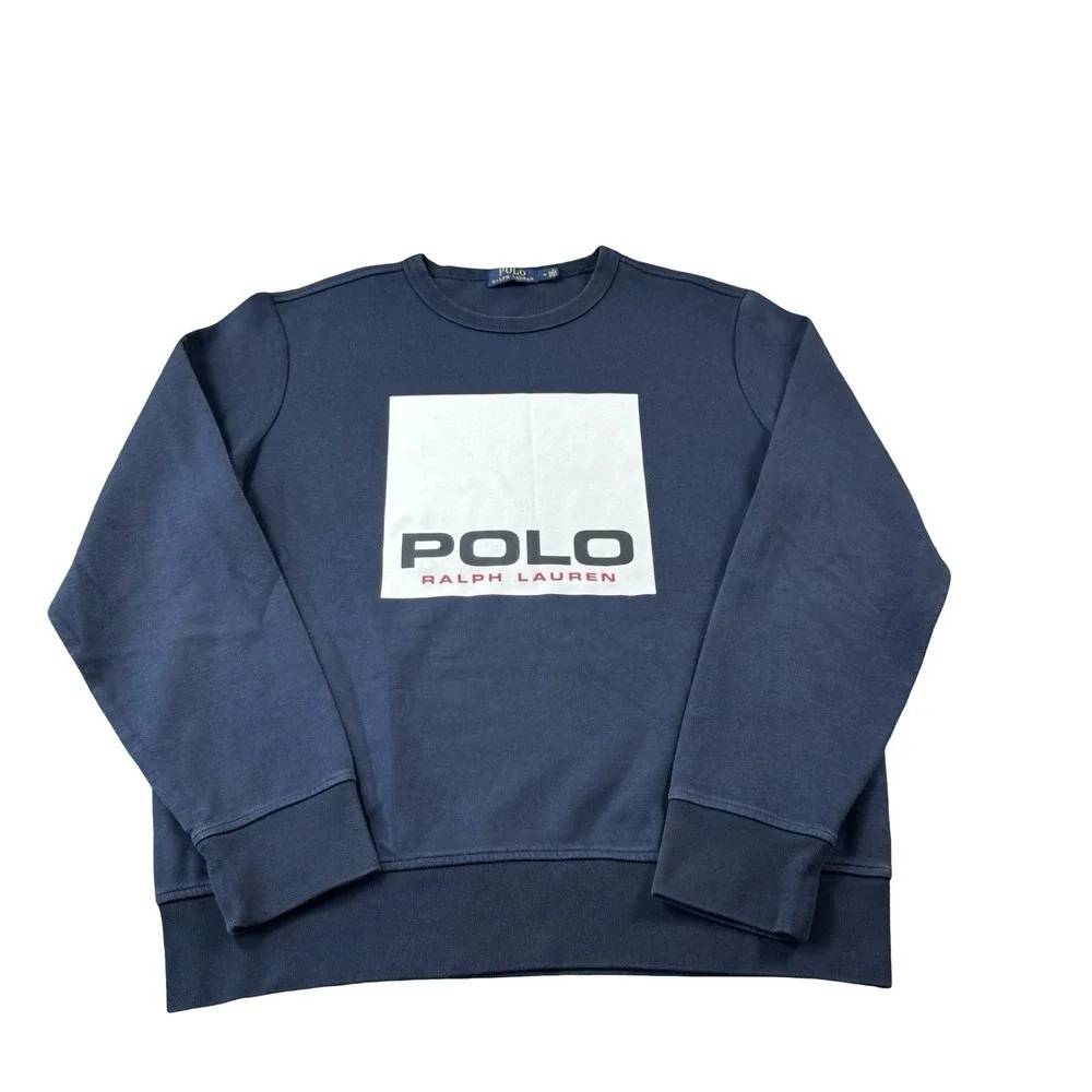 Polo Ralph Lauren Blue White Graphic Cotton Blend Spellout Crewneck Sweater SZ M